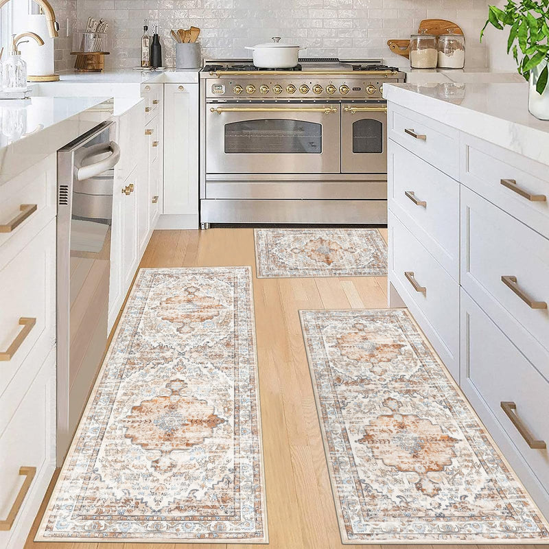 Boho Kitchen Rug Set of 3 - Non-Skid, Machine Washable, Light Brown