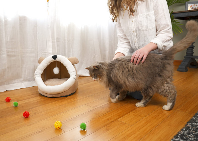 Nat & Jules Kitty Cat Face 15 Inch Plush Fabric Cave Bed With Dangle Toy Warm Beige