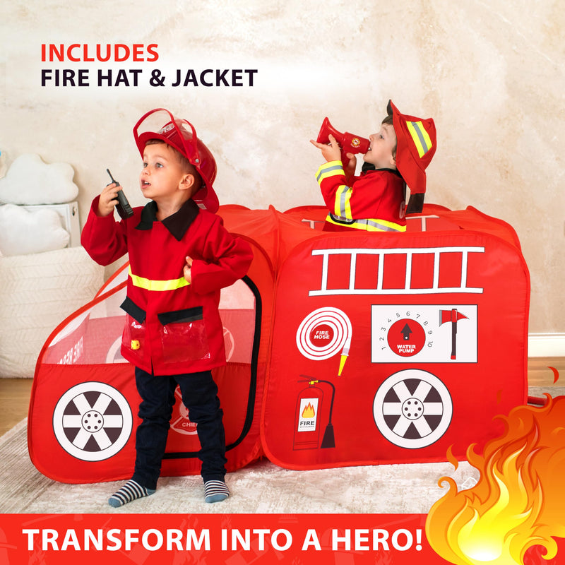 Kids Firefighter Play Tent with Hat & Jacket - Red