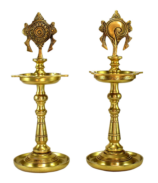 Brass Oil Lamps Shankh Chakra Narayan Diya Deepam Kuthu Vilakku 13 Inches