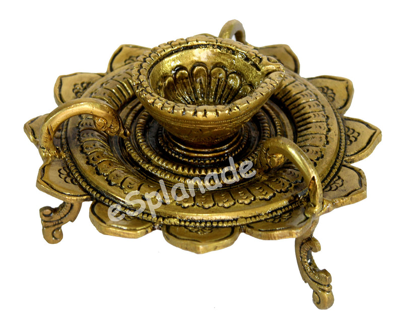 Esplanade Lotus Shaped Round Brass Diya Oil Lamp Home Decor Kuthu Vilakku