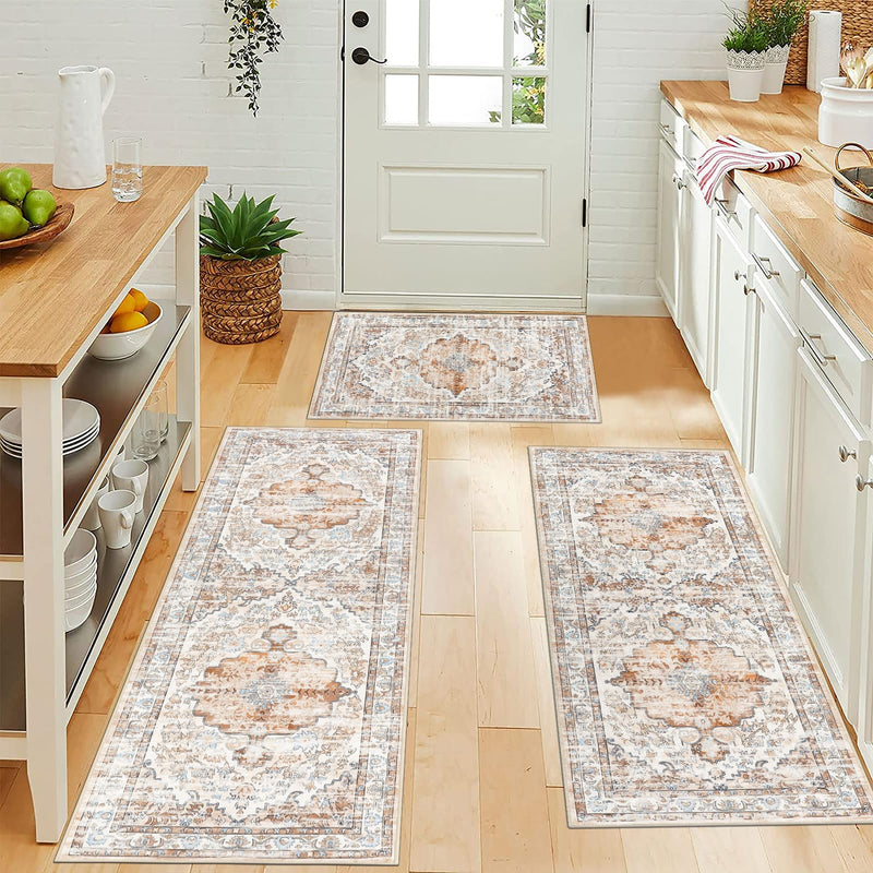 Boho Kitchen Rug Set of 3 - Non-Skid, Machine Washable, Light Brown