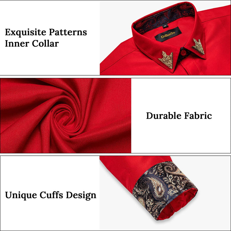 Dibangu Mens Red Casual Shirt Paisley Formal Dress Shirt Gold Collar Pin