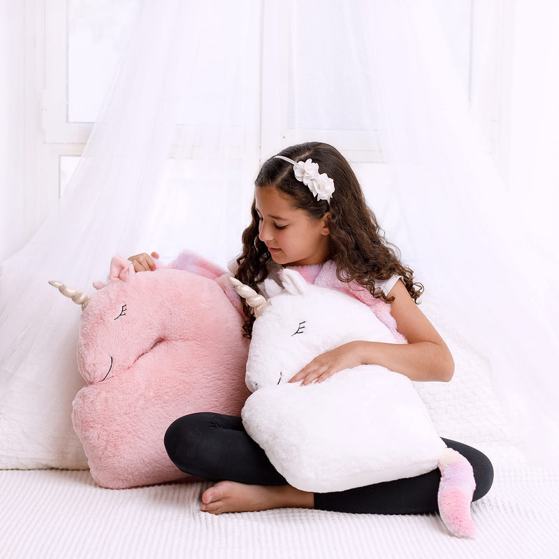 Set of 2 Unicorn Pillows White Pink Fluffy Plush for Girls Bedroom Décor