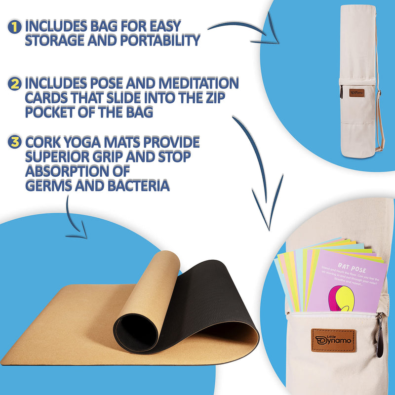 Little Dynamo Yogi Kids Gift Set Cork Yoga Mat Bag & Pose Cards for Mindfulness