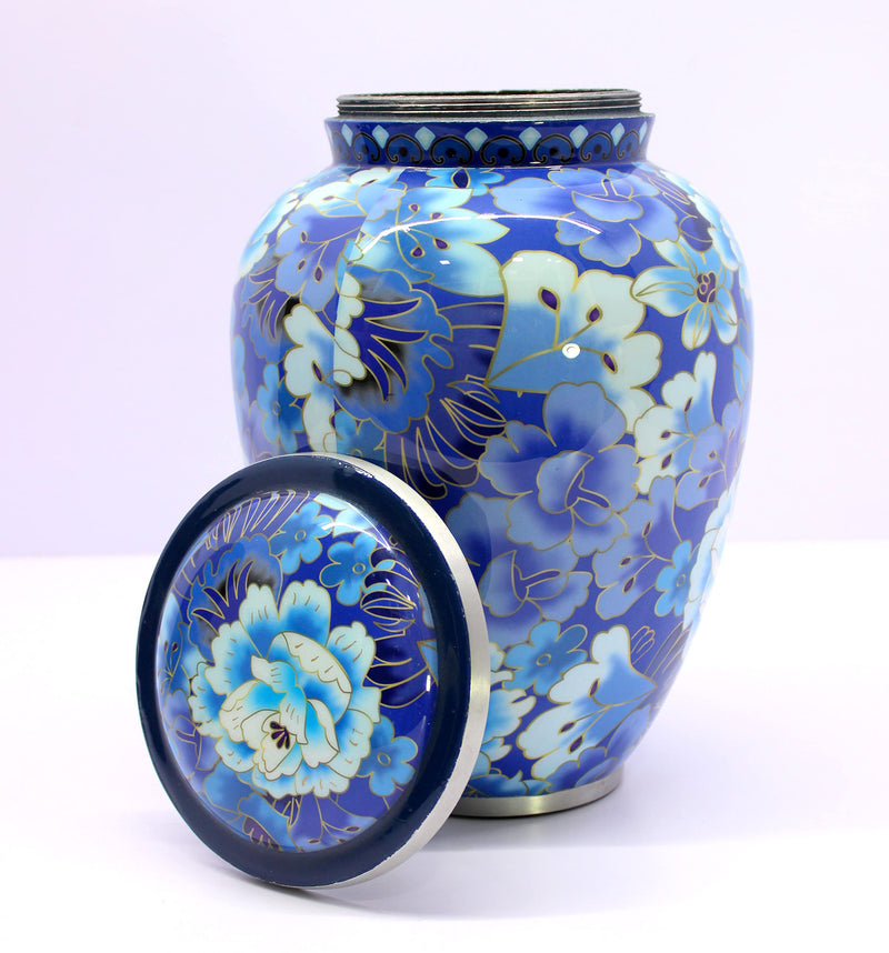 Esplanade Metal Cremation Urn 10 Blue With Flower Print Full Size Funeral Ashes