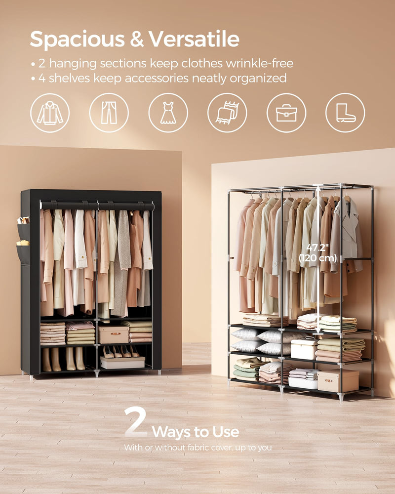 Portable Fabric Wardrobe Closet Organizer with Shelves, Black