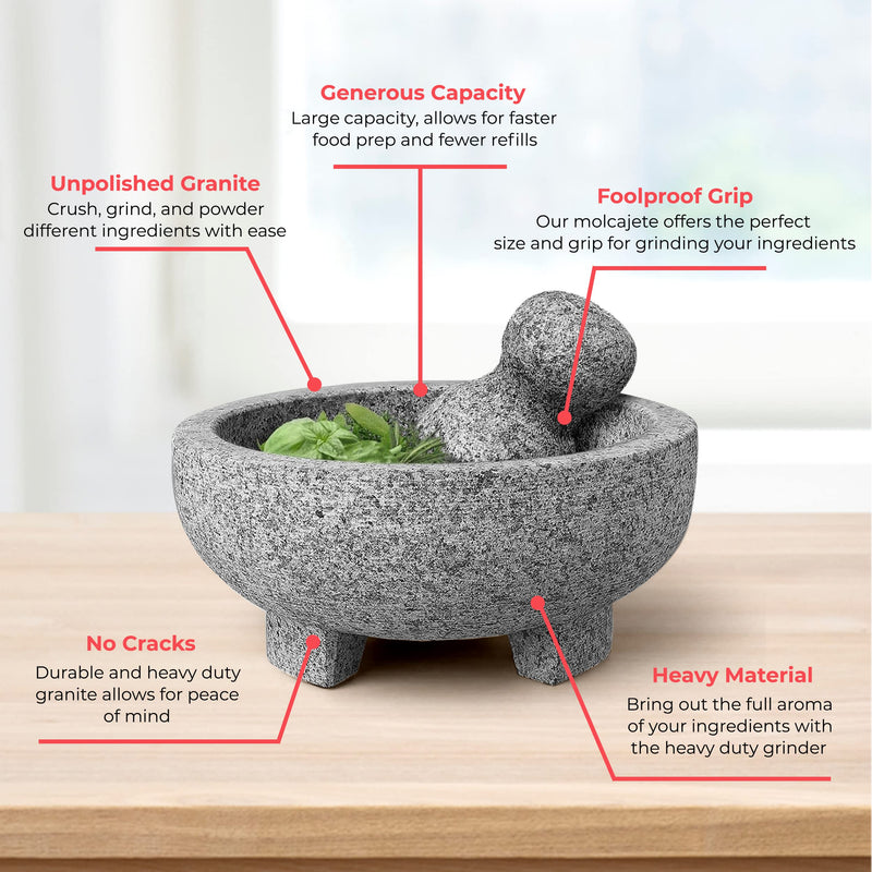 Granite Molcajete Mortar and Pestle Set 8 Inch Unpolished Spice Grinder Bowl