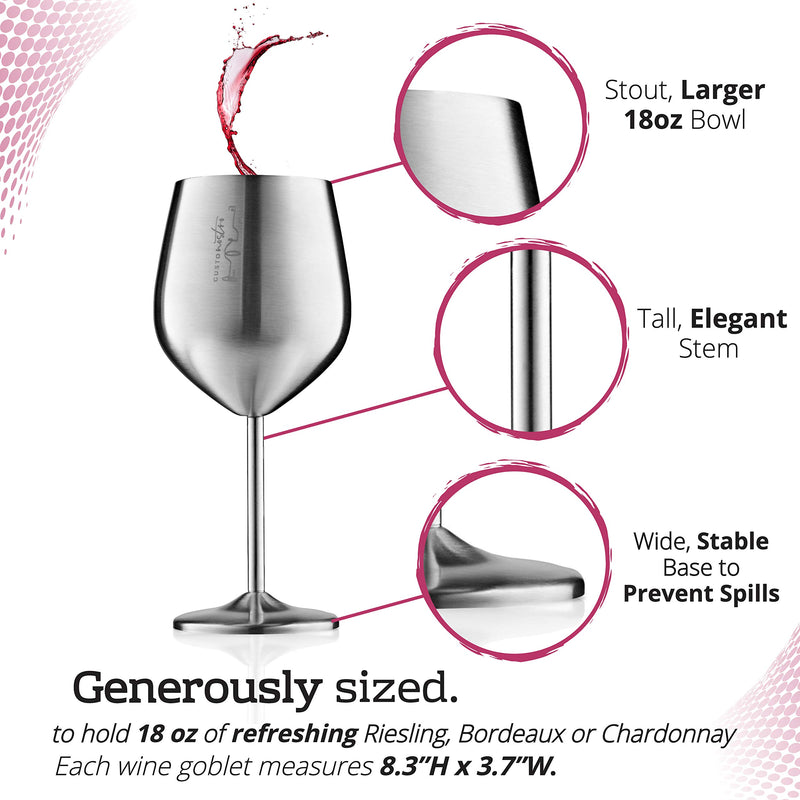 Gusto Stainless Steel Wine Glass Set of 4 18 oz Unbreakable Glasses
