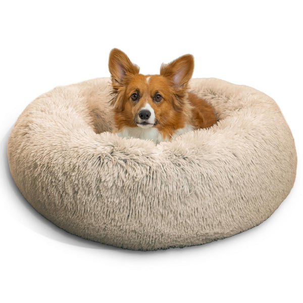 Taupe Shag Calming Donut Pet Bed Medium 30x30