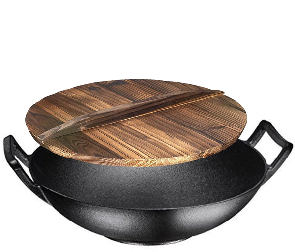 Bruntmor 14 Inch Pre Seasoned Cast Iron Wok with Wooden Lid