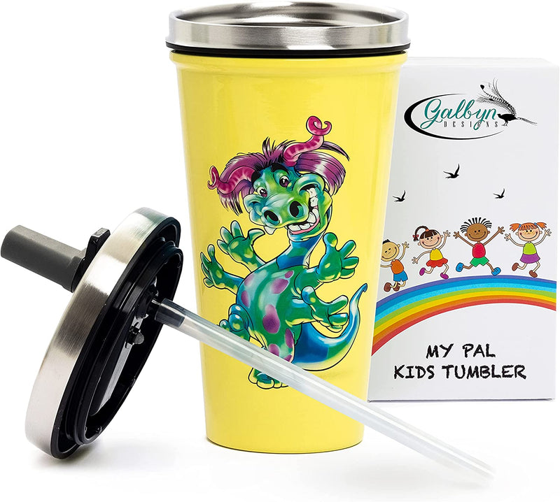 MONSTER Kids Cups with Straws 16oz screw on spill-proof lid with silicone tip stainless steel double wall