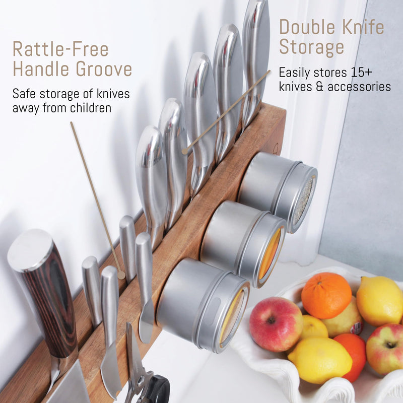 Premium 16 inch Magnetic Knife Holder for Wall with Double Storage & Charming Wood - Knife Magnetic Strip, Knife Magnet, Magnet Knife Holder Strip, Magnetic Knife Strip Knife Rack Kitchen Knife Holder