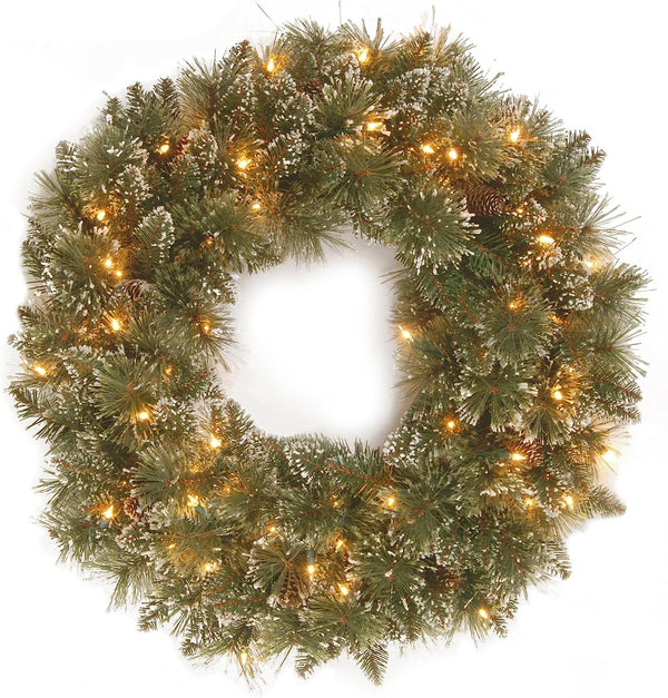 24 Inch Pre Lit Artificial Glittery Pine Christmas Wreath With Frosted Branches