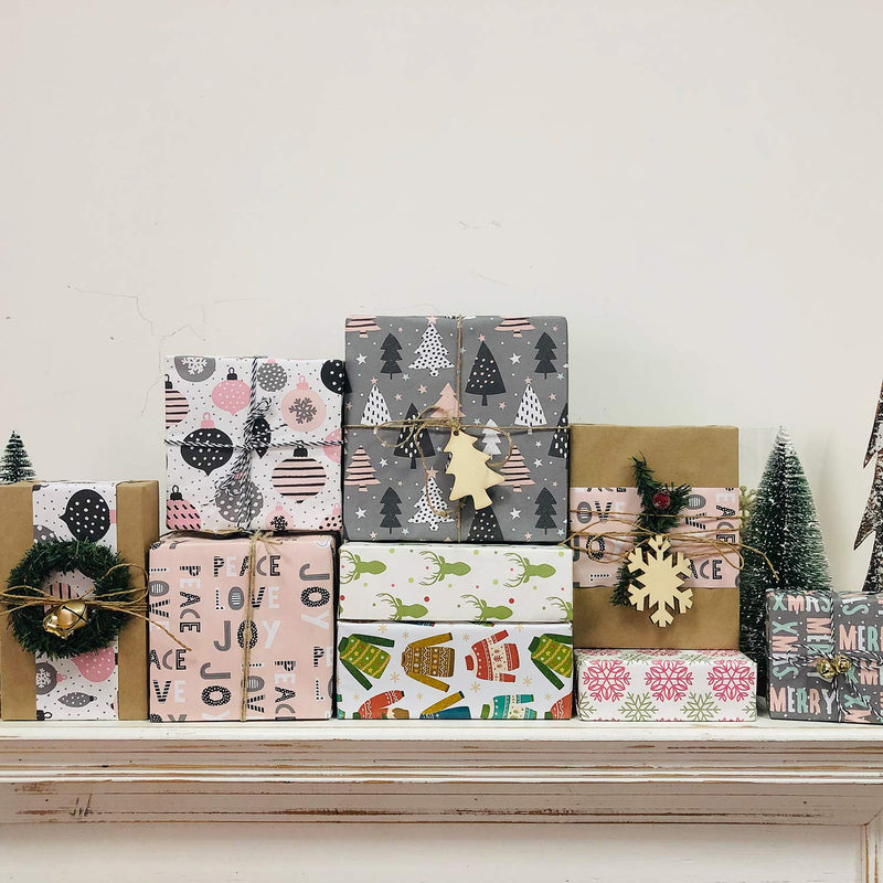 Rustic Kraft Pink & Grey Christmas Wrapping Paper Set - 4 Rolls