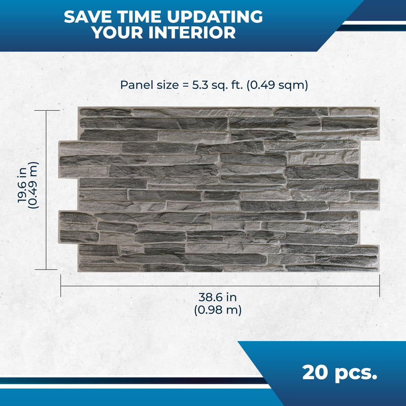 Silver Slate 3D PVC Wall Panels for Interior Decor - 38.6" x 19.6"