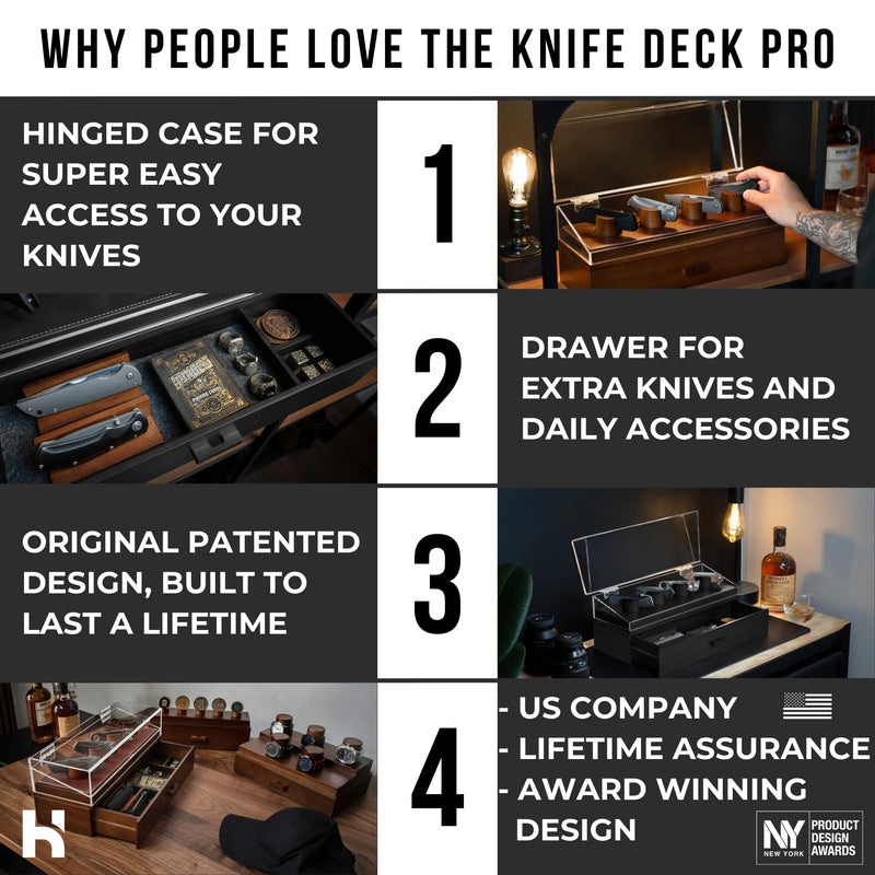 Knife Deck Pro Premium Display Case for 6 Knives With Leather Lining & Drawer