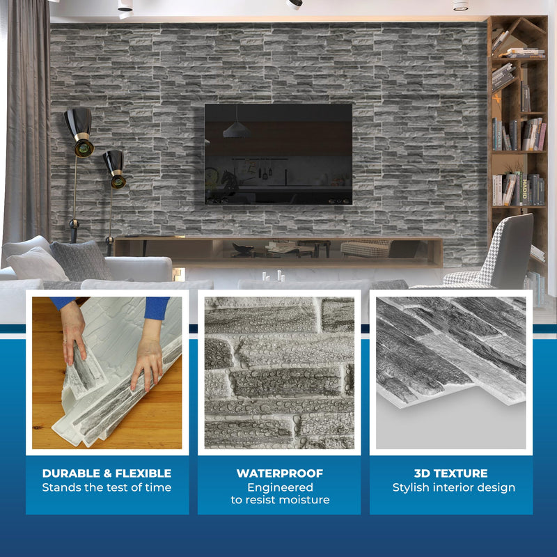 Silver Slate 3D PVC Wall Panels for Interior Decor - 38.6" x 19.6"