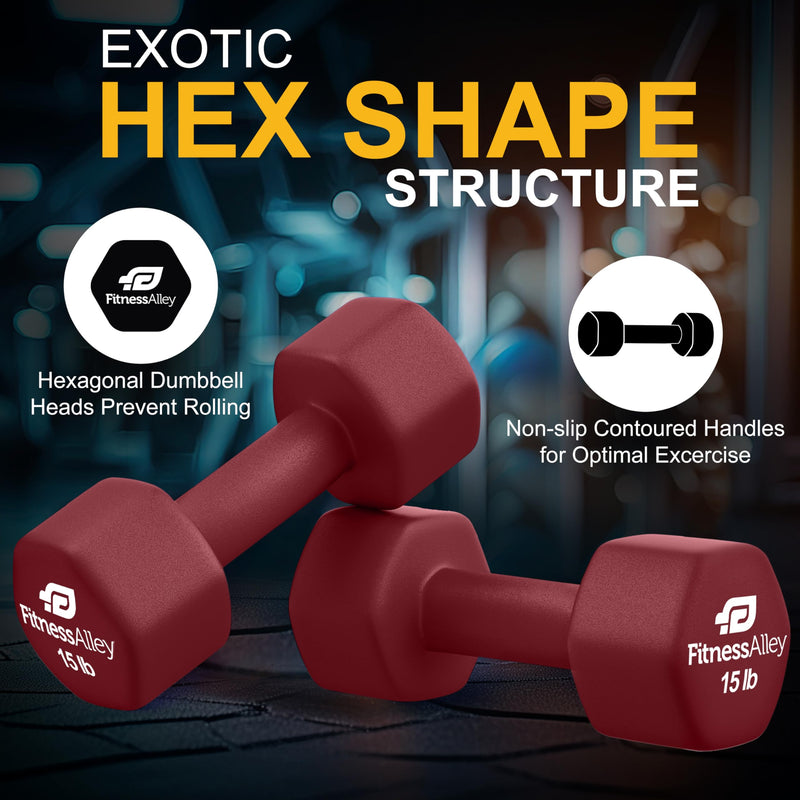 Fitness Alley 15lb Maroon Neoprene Hex Dumbbell Set for Non Slip Grip