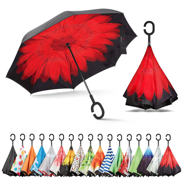 Windproof Inverted Umbrella with C-Shaped Handle - Red Flower