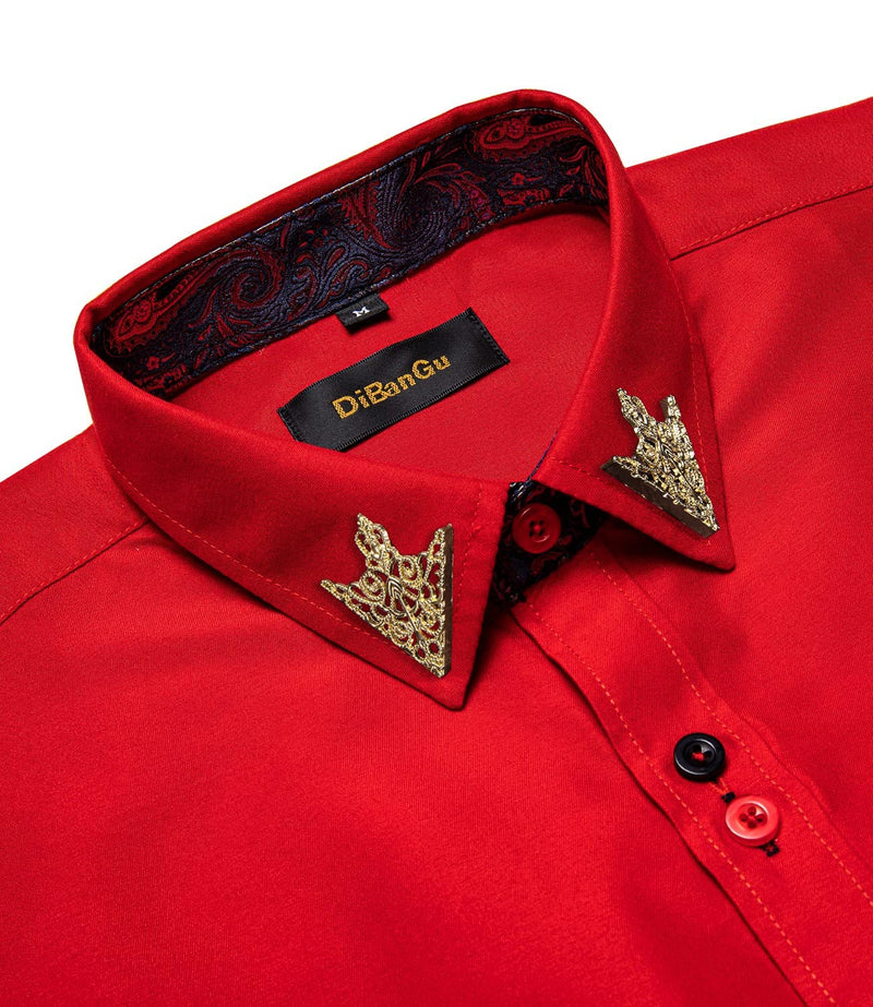 Dibangu Mens Red Casual Shirt Paisley Formal Dress Shirt Gold Collar Pin