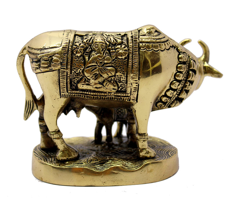 Stonkraft Brass Kamdhenu Cow Calf Kamadhenu Idol Murti Statue 5.5 Inch