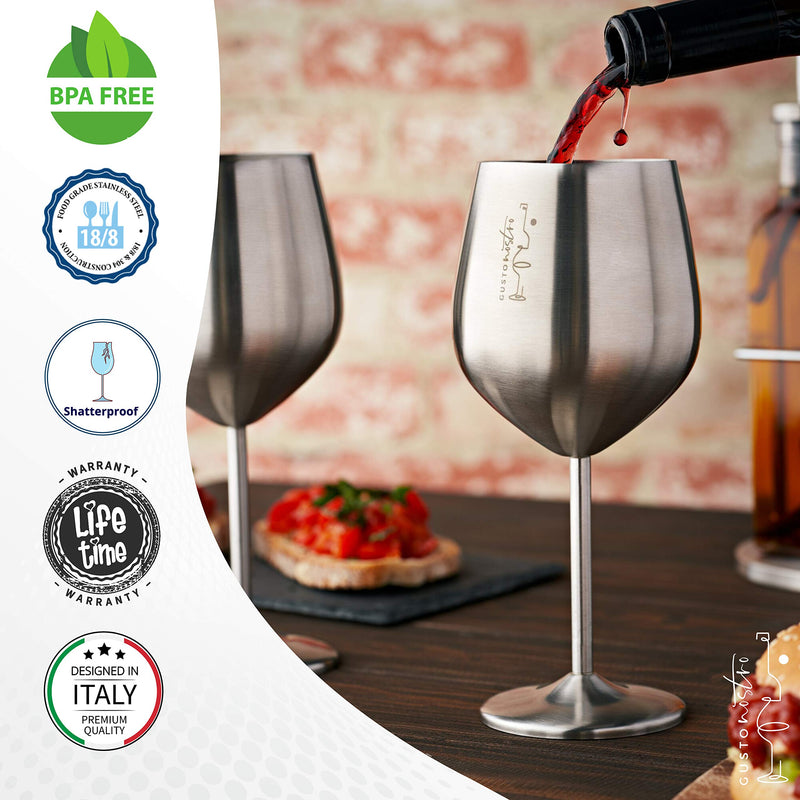 Gusto Stainless Steel Wine Glass Set of 4 18 oz Unbreakable Glasses