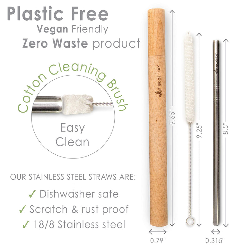 Ecotribe 4 Reusable Metal Straws 8.5 Stainless Steel Includes Case Brushes Bag