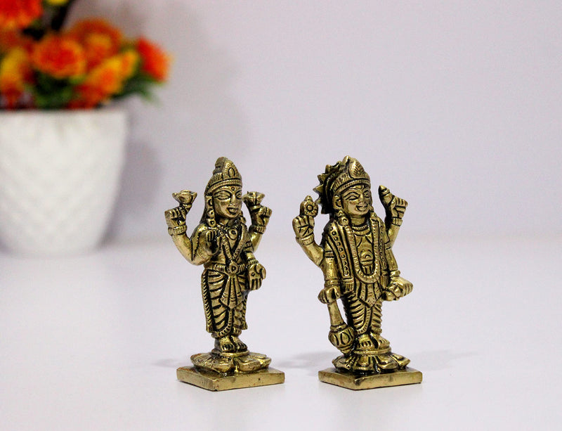 eSplanade Brass Lakshmi Narayan Pair - Lord Vishnu with Laxmi Idol Murti Statue Sculpture - 3" Inches Pooja Idol Home Decor