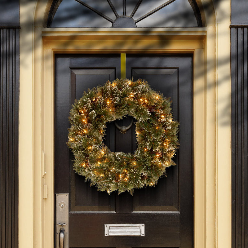 24 Inch Pre Lit Artificial Glittery Pine Christmas Wreath With Frosted Branches