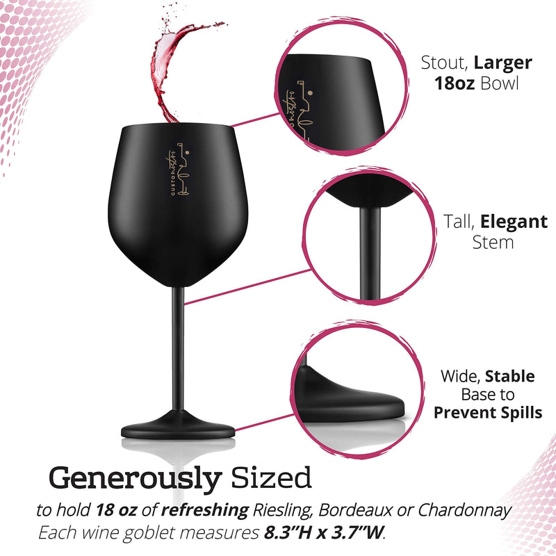 Unbreakable Black Stainless Steel Wine Glasses Set of 4 18 Oz