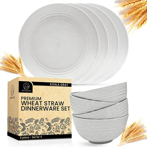 8-Piece Wheat Straw Dinnerware Set - Koala Gray, Eco-Friendly