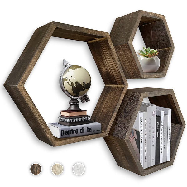 MRGL Hexagon Floating Shelves Set of 3, Honeycomb Shelves, Wall Mounted Geometric Hexagon Shelves, Natural Wood, Includes All Hanging Hardware, Rustic Brown