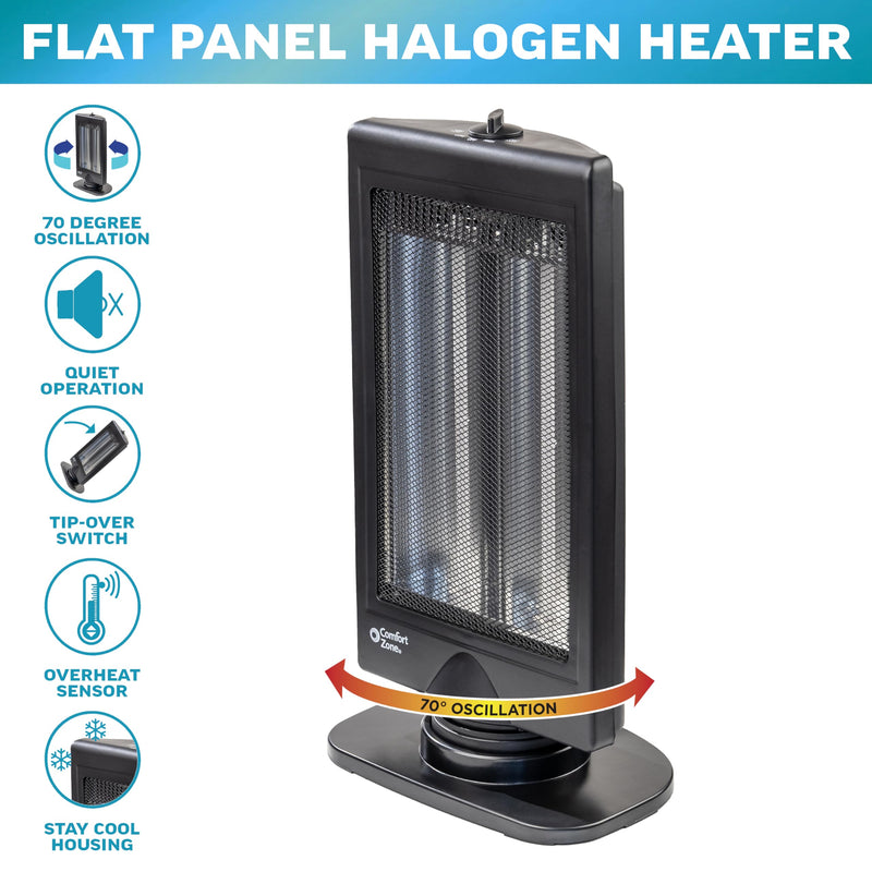 Comfort Zone Oscillating Portable Space Heater Flat Panel Halogen Infrared