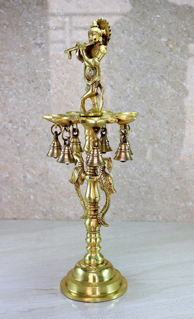 Brass Krishna Oil Lamp 16.5 Kuthu Vilakku Deepam Lamps for Home & Office Decor