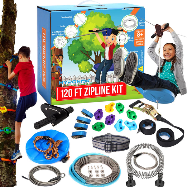 Hyponix Zip Line Kit 120 200 Ft 350 Lb Capacity Rust Proof Harness Backyard Fun