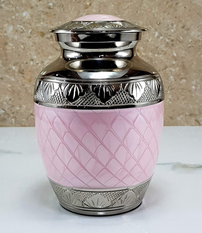 eSplanade Metal Cremation Urn Memorial Jar Pot Container | Medium Size Urn for Funeral Ashes Burial | Engraved Metal Urn | Pink - 6" Inches