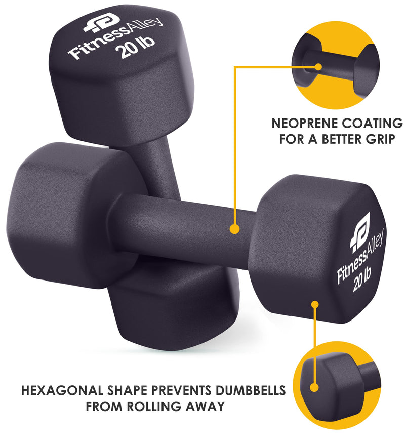 Fitness Alley Neoprene Coated 20lb Dumbbells Set Anti Roll for Gym & Home