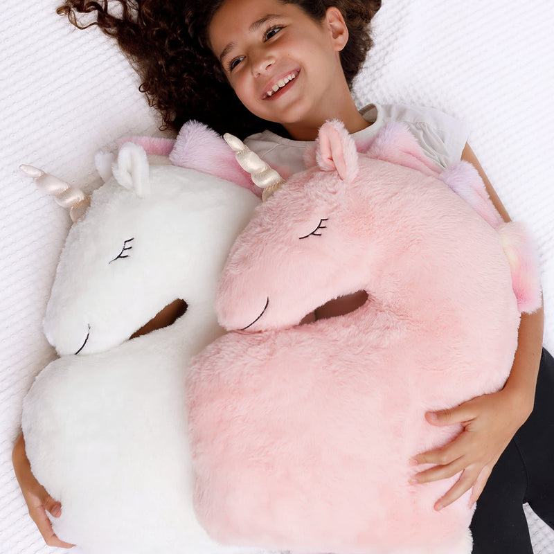 Set of 2 Unicorn Pillows White Pink Fluffy Plush for Girls Bedroom Décor