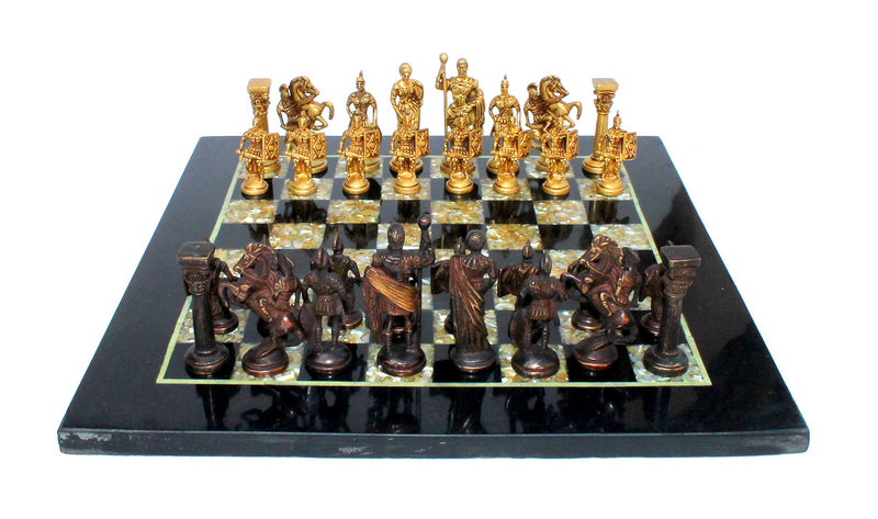 StonKraft Collectible Black Marble and (MOP) Mother of Pearl Chess Board Set + Brass Roman Chess Pieces - Decorative Stone Chess - Home Décor - 15" Inches