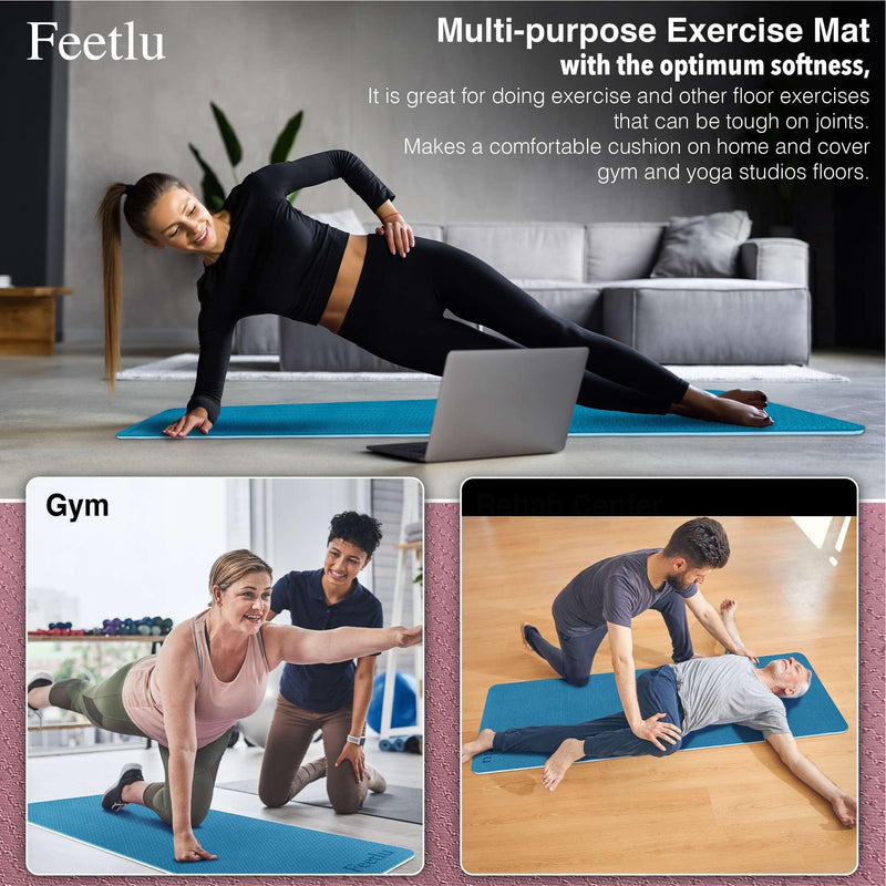 Feetlu Yoga Mat Thick With Strap 2/5 Inch (10mm) - Extra Thick Yoga Mat Non Slip Workout Mat Double-Sided Eco Poe Yoga Mats For Women Menworkout Mat For Yogapilatesand Floor Exercises(Tur Blu/Gyb)