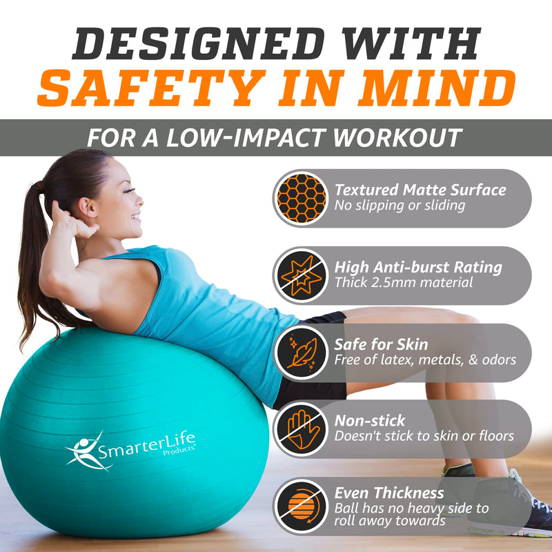 SmarterLife Workout Exercise Ball for Fitness, Yoga, Balance, Stability, or Birthing, Great as Yoga Ball Chair for Office or Exercise Gym Equipment for Home, No-Slip Design (55cm, Turquoise)