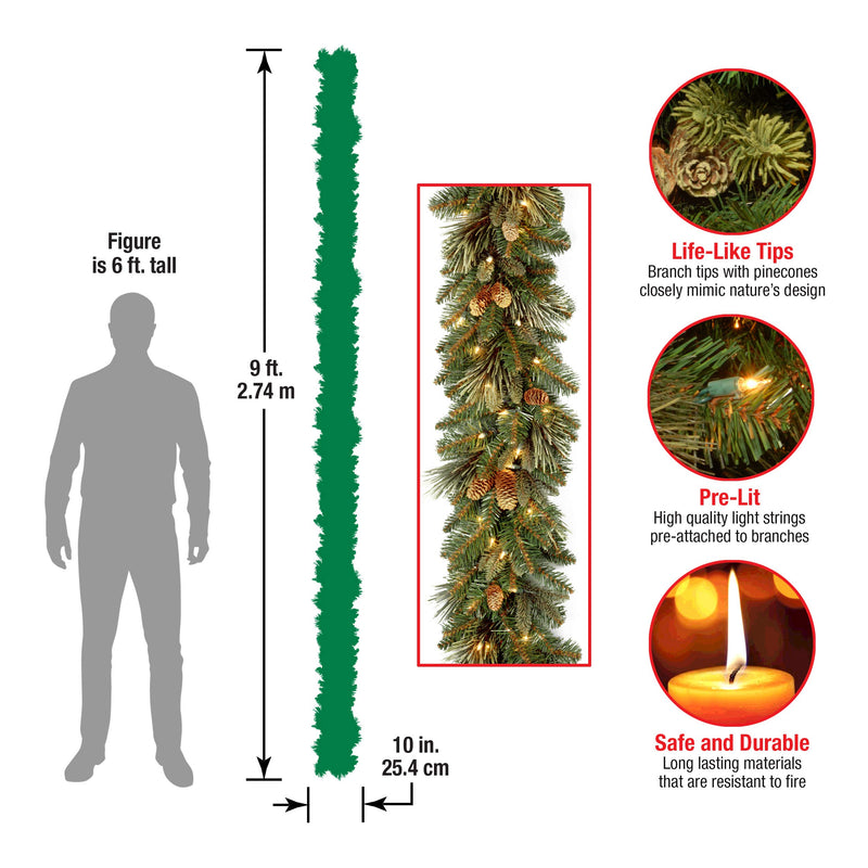 9-Foot Pre-Lit Carolina Pine Christmas Garland with Pine Cones and White Lights