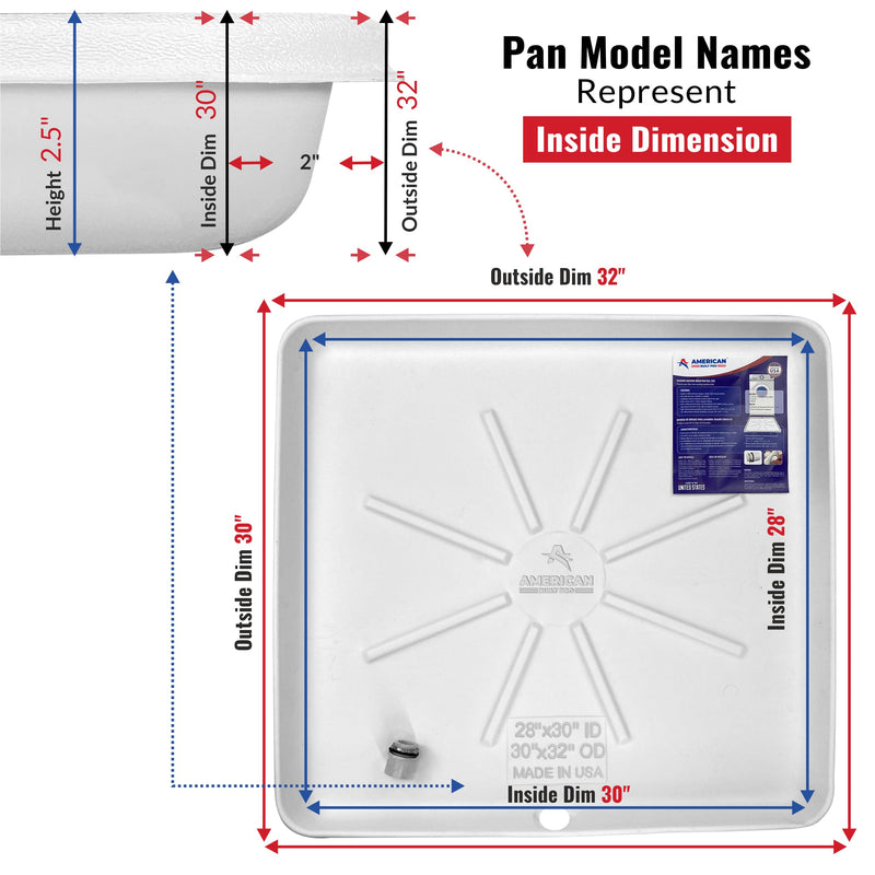 American Built Pro Washer Drain Pan with 1" Adapter Fitting - White