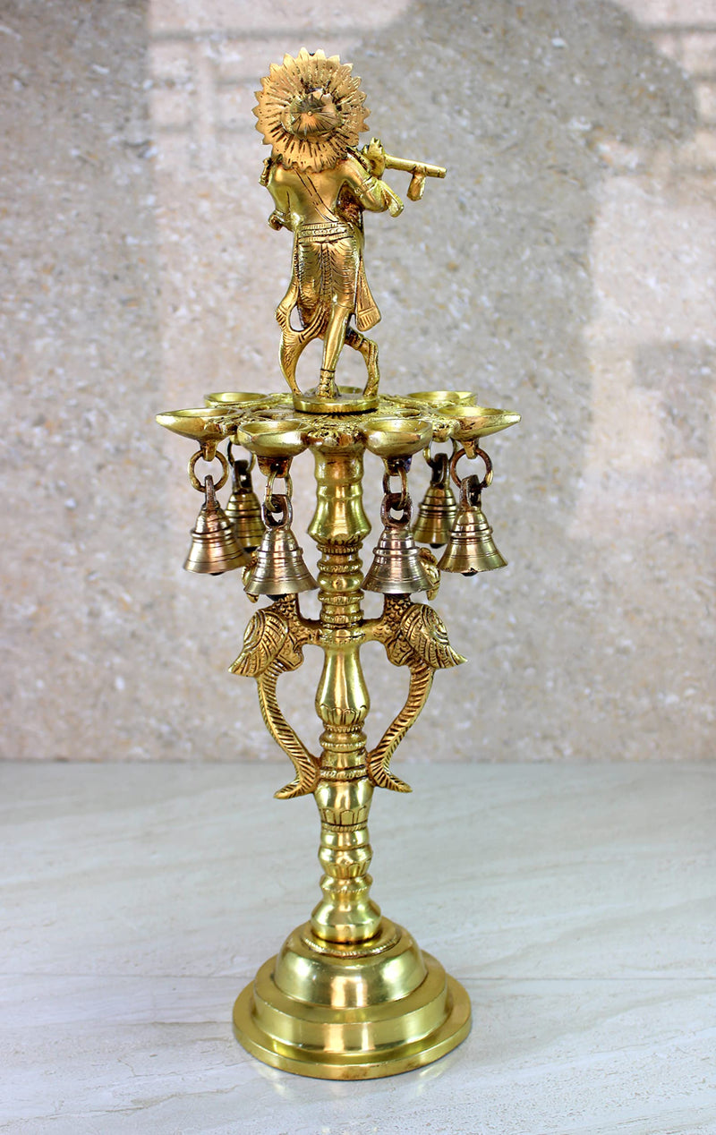 Brass Krishna Oil Lamp 16.5 Kuthu Vilakku Deepam Lamps for Home & Office Decor