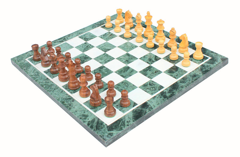 StonKraft Collectible Green Marble Chess Board Set + Wooden Crafted Pieces Pawns - Decorative Stone Chess - Home Décor - 15" Inches