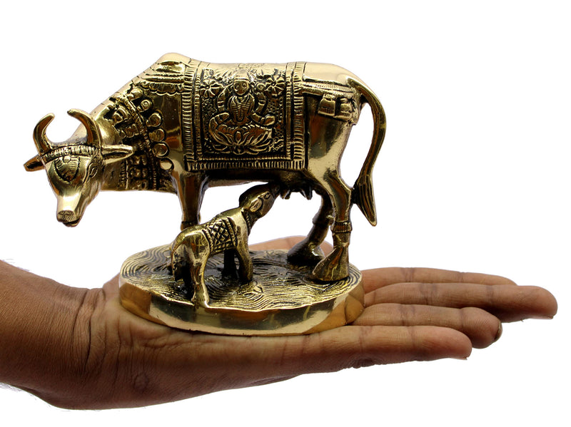 Stonkraft Brass Kamdhenu Cow Calf Kamadhenu Idol Murti Statue 5.5 Inch