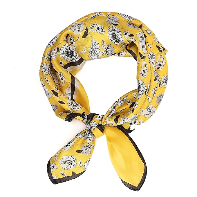 100% Mulberry Silk Scarf, Yellow Flower Designer Head Scarf, Silk Scarf For Hair Wrapping At Night, Pure Silk Scarf For Women, Square Silk Fabric Neckerchief