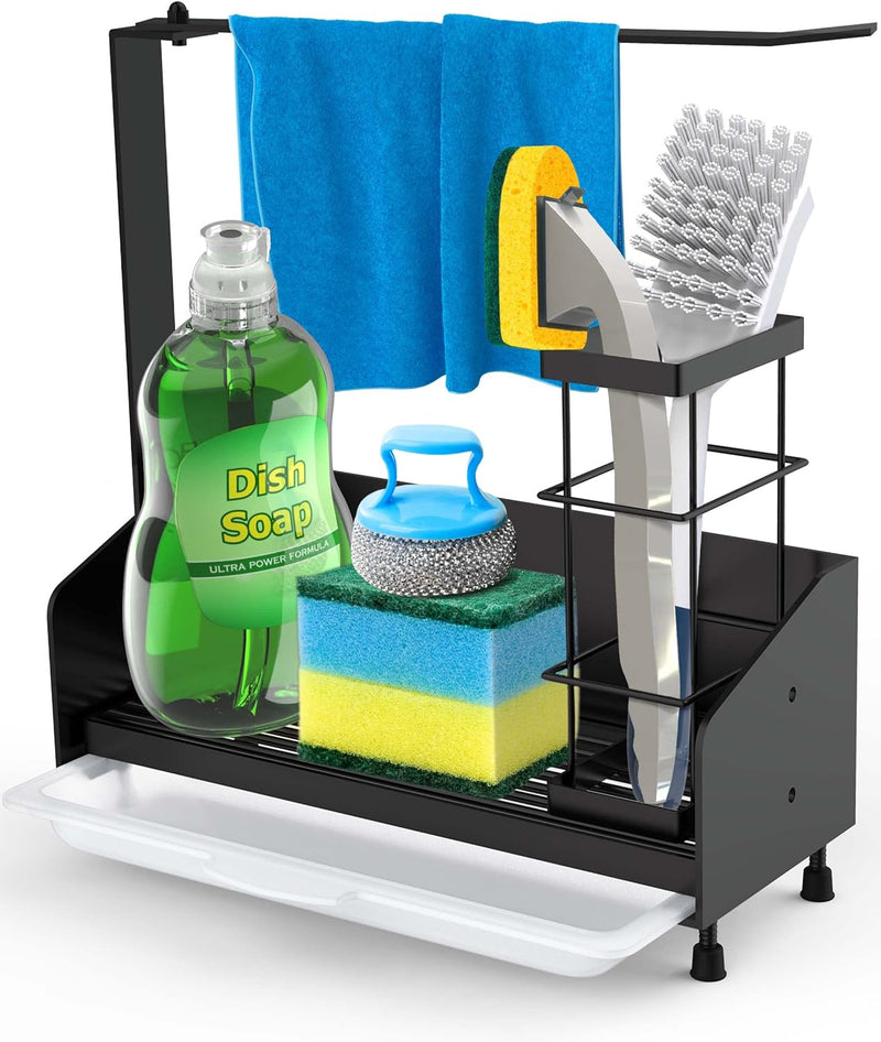 Sink Caddy Kitchen Sink Organizer - Countertop Sponge Holder with Drain Pan, Rotating Dishcloth Holder