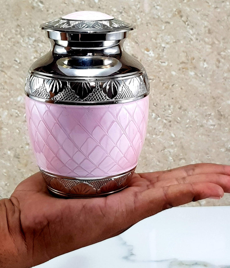 eSplanade Metal Cremation Urn Memorial Jar Pot Container | Medium Size Urn for Funeral Ashes Burial | Engraved Metal Urn | Pink - 6" Inches